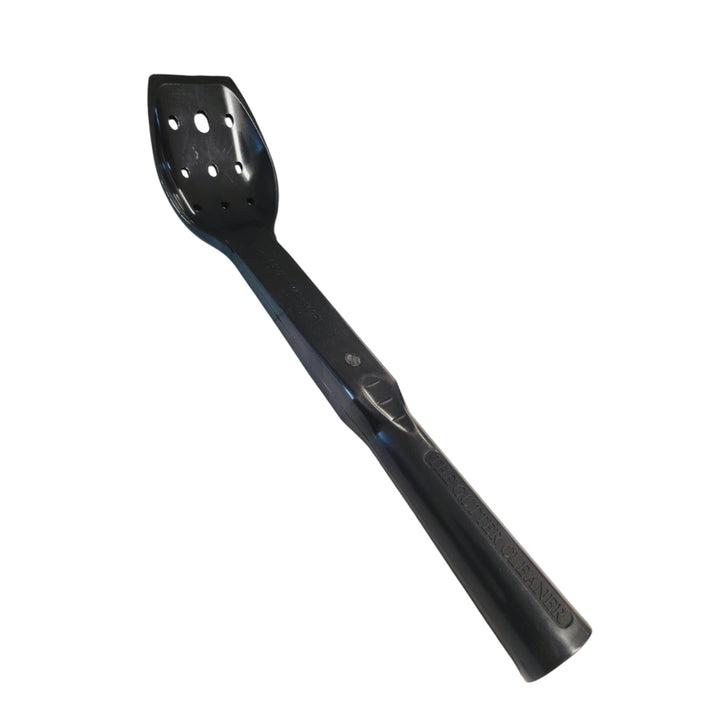  A black spoon-shaped gutter cleaning tool titled "The Gutter Cleaner" with nine holes in the scoop and an elongated handle.