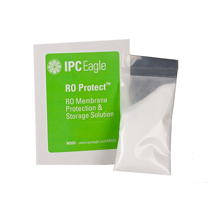 A close-up image of IPC Eagle RO Protect package. The packet is labeled “RO Membrane Protection & Storage Solution” in green and white.