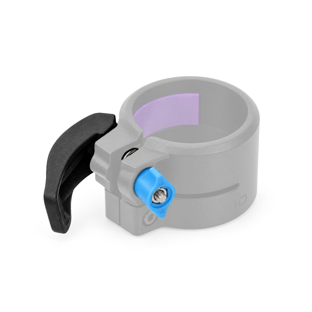 PWP V4 clamp lever assembly installed on a gray pole clamp with black lever, blue cam, and purple inner pad.