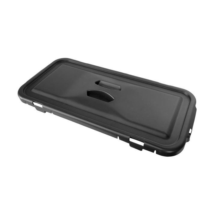 Black rectangular plastic lid on a white background