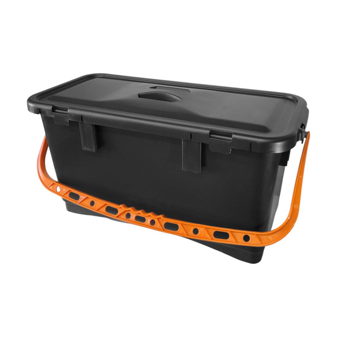 Black bucket with a lid and orange handles on a white background