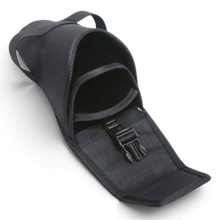 A black tactical Grackle bucket-on-a-belt with a quick-release plastic buckle, shown open on a white background.