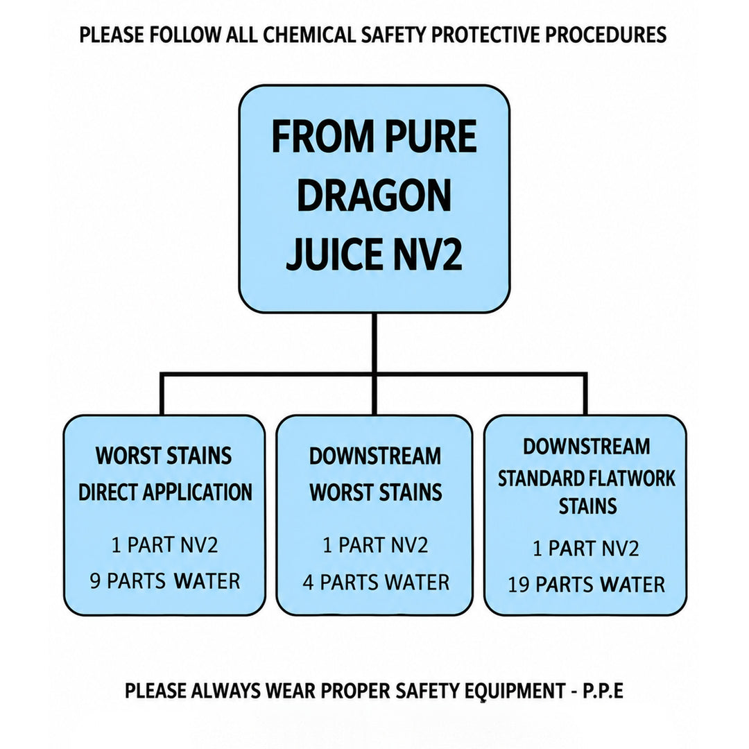 A safety information graphic with text and three blue rounded boxes on a white background. The top text reads 'PLEASE FOLLOW ALL CHEMICAL SAFETY PROTECTIVE PROCEDURES' and the main box says 'FROM PURE DRAGON JUICE NV2.