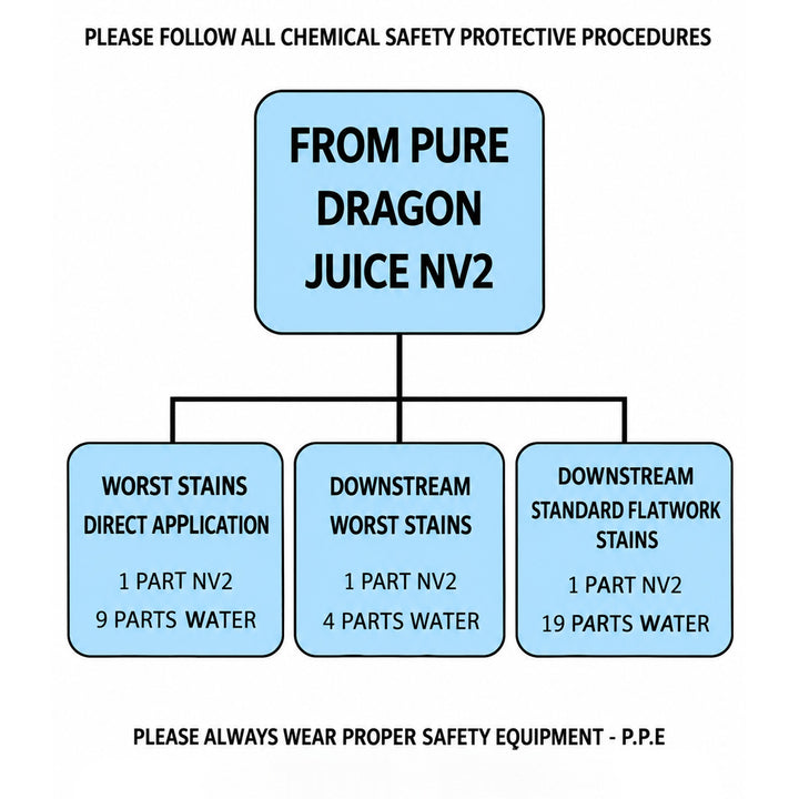 A safety information graphic with text and three blue rounded boxes on a white background. The top text reads 'PLEASE FOLLOW ALL CHEMICAL SAFETY PROTECTIVE PROCEDURES' and the main box says 'FROM PURE DRAGON JUICE NV2.