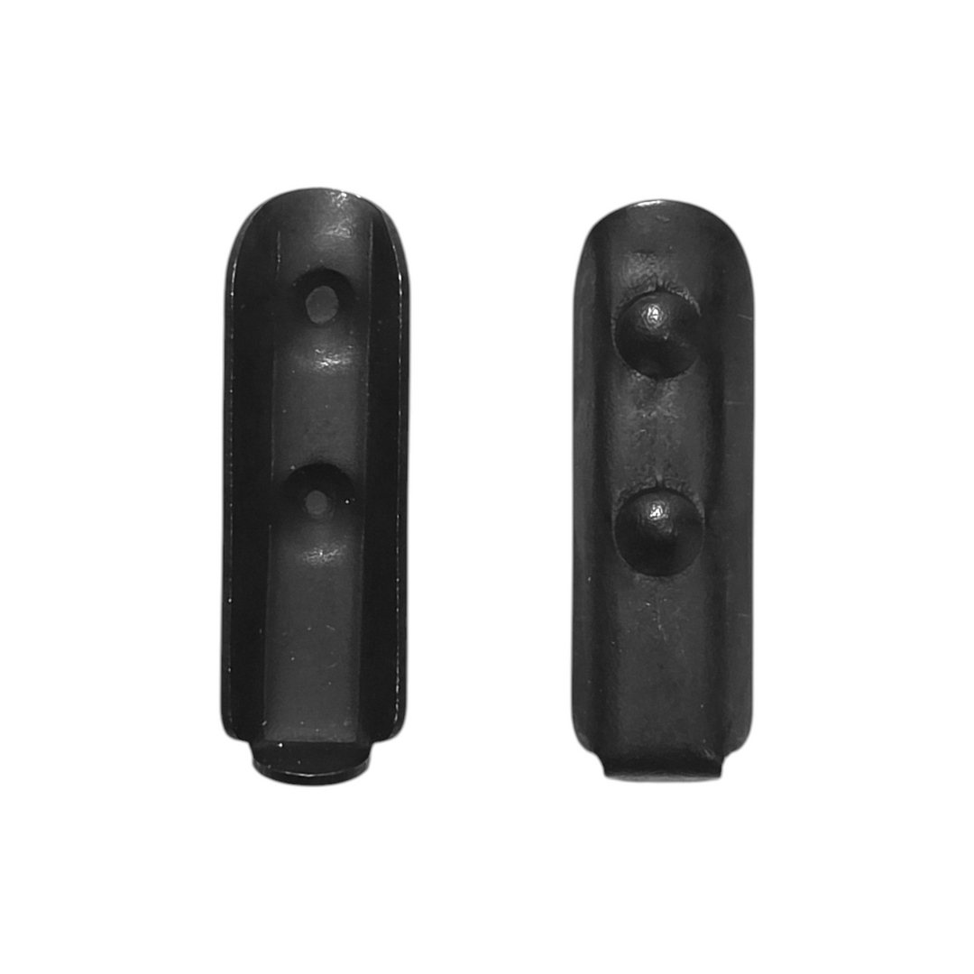 Front and back views of a black metal end clip for Monster Products wide-body squeegee channels
