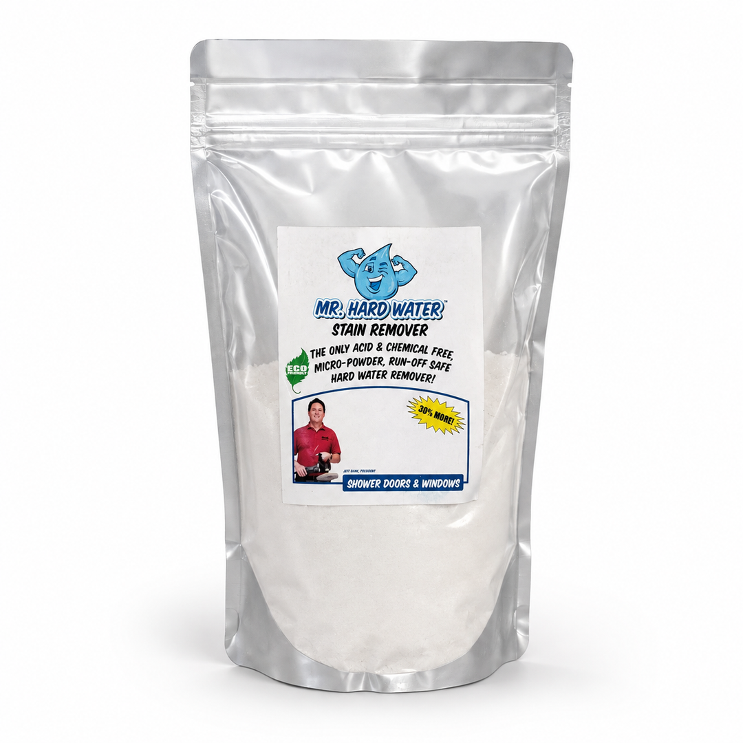 A silver stand-up resealable pouch of Mr. Hard Water Stain Remover containing white powder, shown on a clean white background.