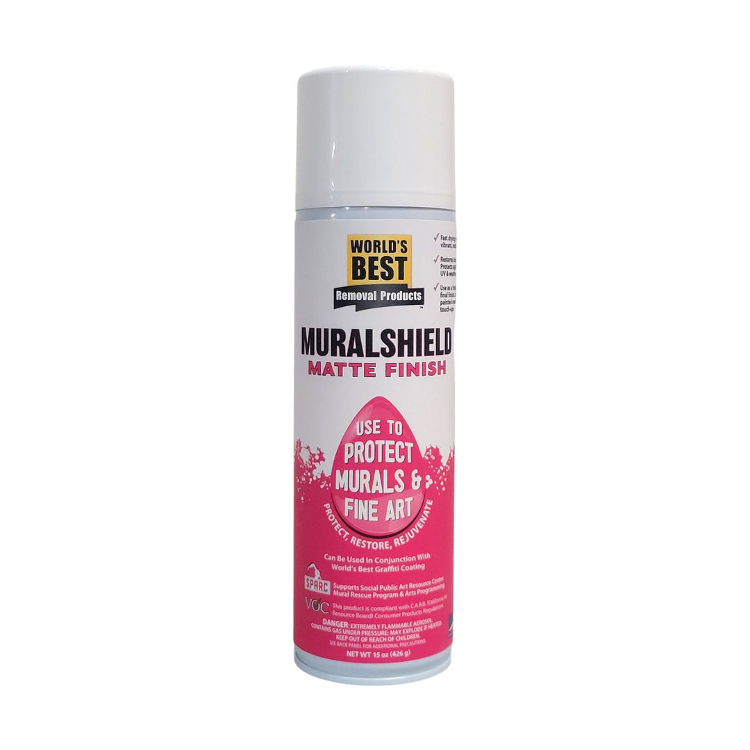 A can of Muralshield Matte Finish product on a plain white background. The can has a white cap, a white label with black and pink text, and a pink splash graphic near the bottom.