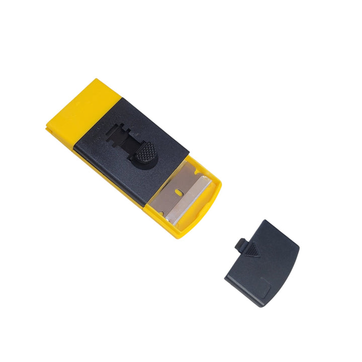 A yellow and black scraper shown with its compartment open on a plain white background.