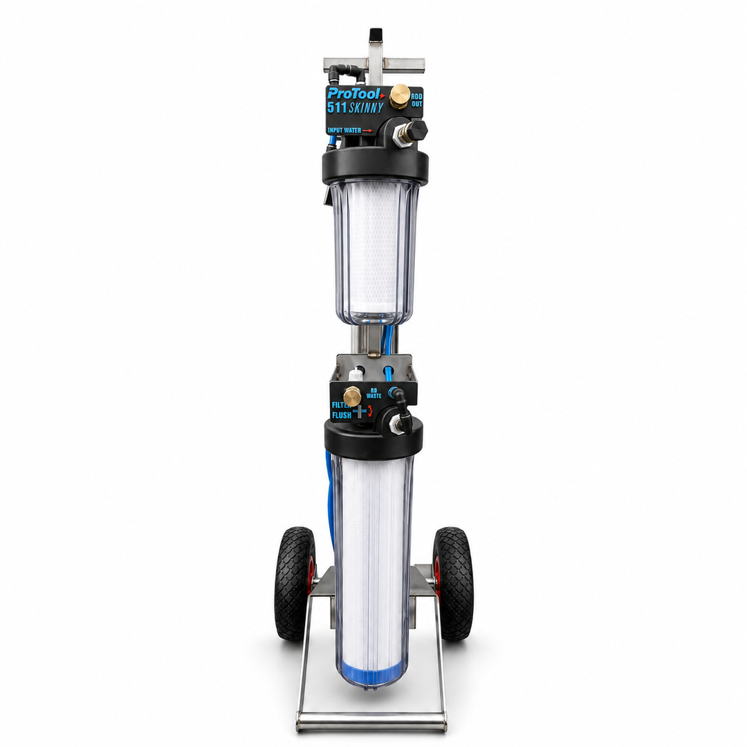 A four-stage water filter system on a wheeled metal stand, featuring two clear filter cartridges with white filter media, black plastic components, and blue accents. The top unit is labeled 'ProTool 511'.