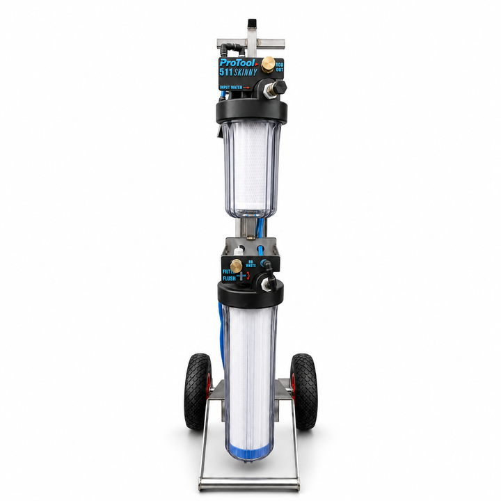 A four-stage water filter system on a wheeled metal stand, featuring two clear filter cartridges with white filter media, black plastic components, and blue accents. The top unit is labeled 'ProTool 511'.
