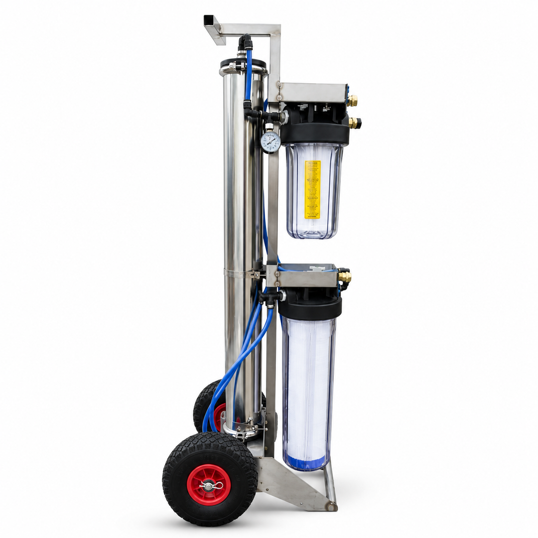 A stainless steel water filter cart with two filter canisters, blue hoses, and black wheels with red hubs, shown on a white background.