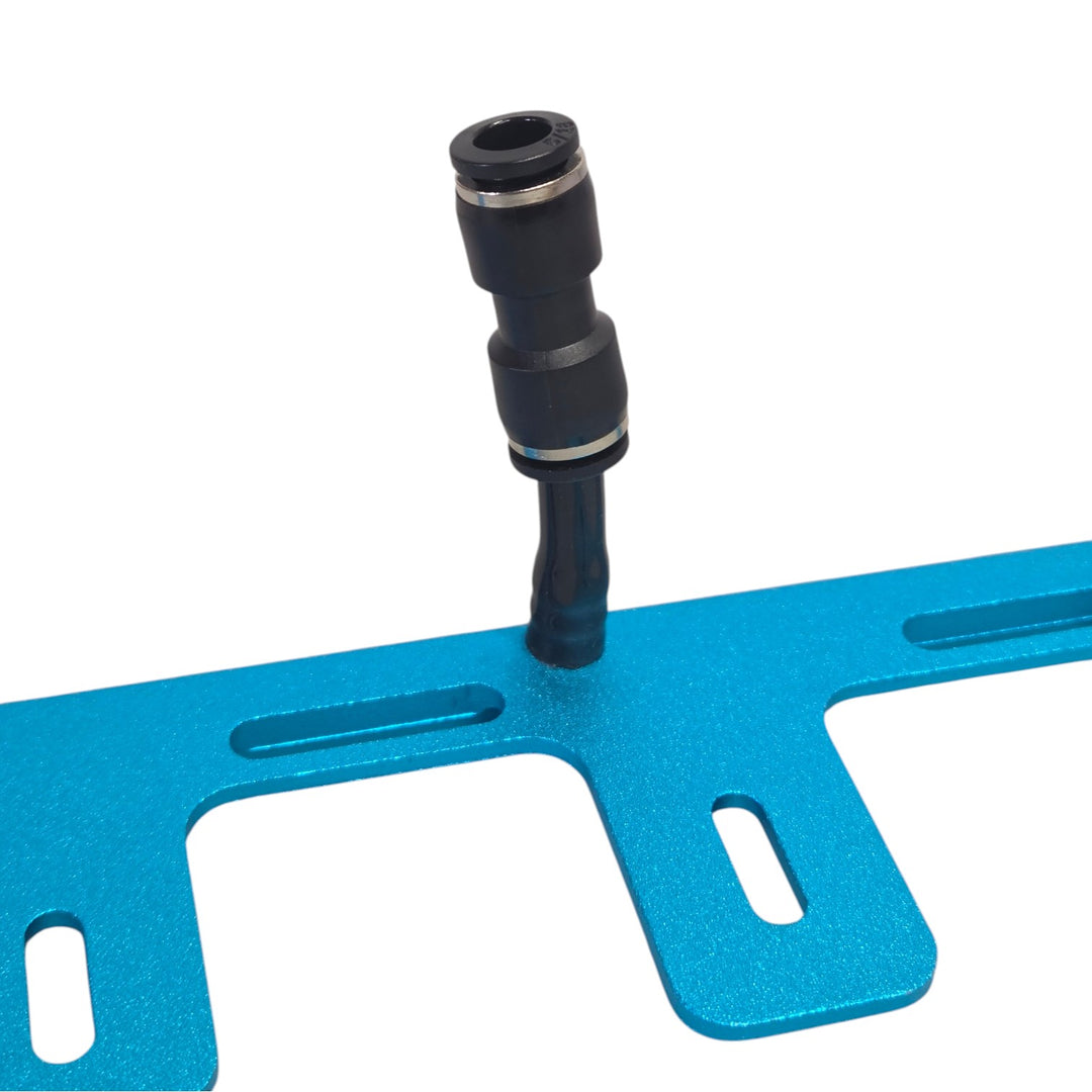 Close-up of the PWP rinse bar’s black end cap and slotted mounting bracket