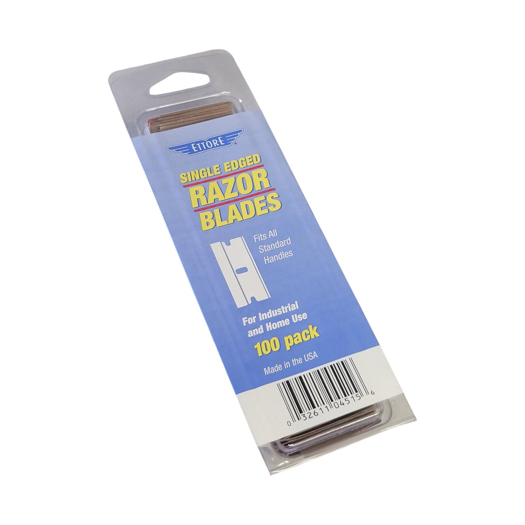 A 100-pack of Ettore single-edged razor blades in retail packaging with a blue and white label.