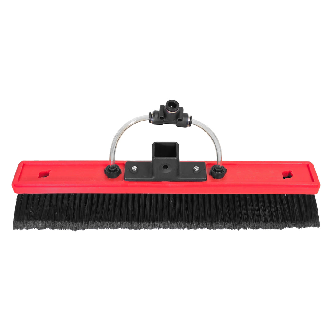 A wide sweep brush attachment with a bright red plastic frame, black bristles, a black mounting bracket, and a curved silver hose connector, shown on a plain white background.