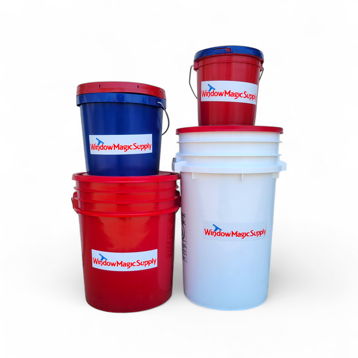 Four buckets in red, white, and blue with 'Window Magic Supply' logo on a white background