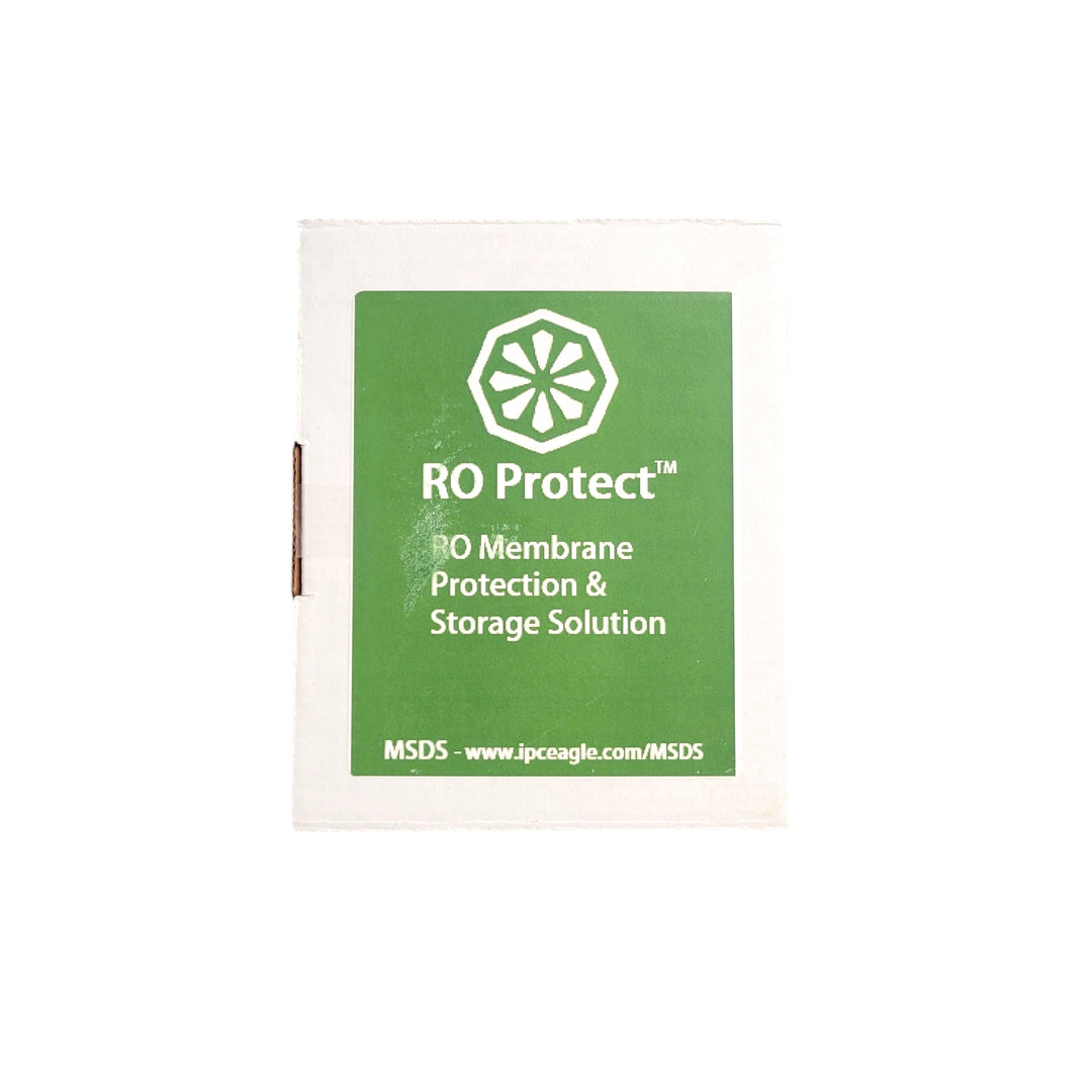 A close-up image of the RO Protect package, featuring the green and white label with the product description: “RO Membrane Protection & Storage Solution.”