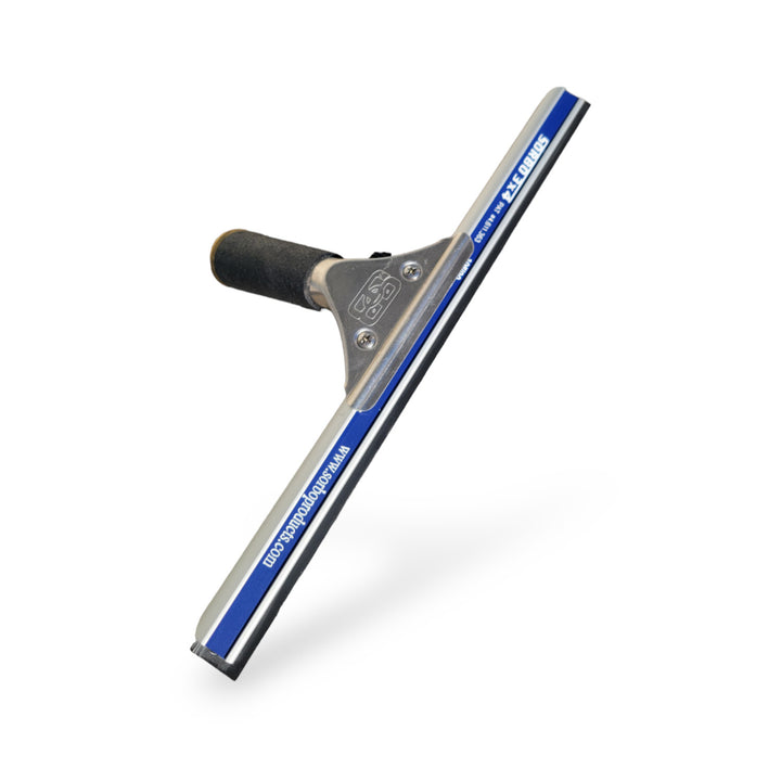 A QUICKSILVER 3X4 Adjustable Wide-Body Squeegee fully assembled with a Sörbo Fast Release handle, positioned at a slight angle on a white background. The handle is black with metallic features, and the squeegee channel is silver with blue detailing and the Sörbo logo, ready for use.