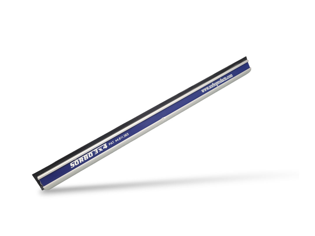 A single QUICKSILVER 3X4 Adjustable Wide-Body Squeegee channel lying on a white background. The squeegee channel is silver with blue details, including the Sörbo logo and website address. The adjustment settings are not visible in this angle.
