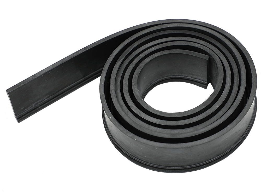 Coiled black squeegee rubber blade on a green background, demonstrating the rubber's pliability and length. The blade is designed to fit wide-body squeegees and is shown in its packaging form, rolled for convenience and distribution.