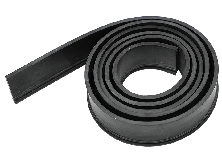 Coiled black squeegee rubber blade on a green background, demonstrating the rubber's pliability and length. The blade is designed to fit wide-body squeegees and is shown in its packaging form, rolled for convenience and distribution.
