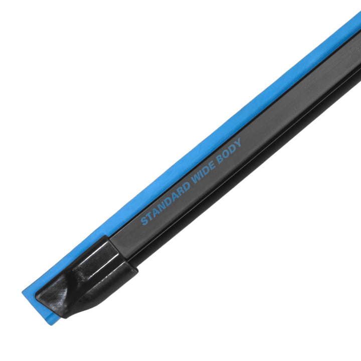 A close-up of a Moerman's wide body channel and a blue rubber blade, featuring the text 'STANDARD WIDE BODY' printed on the side.