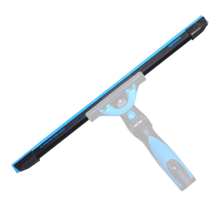 A Moerman squeegee with a black rubber blade bordered in bright blue, a translucent gray handle, and light blue accents, shown on a plain white background.