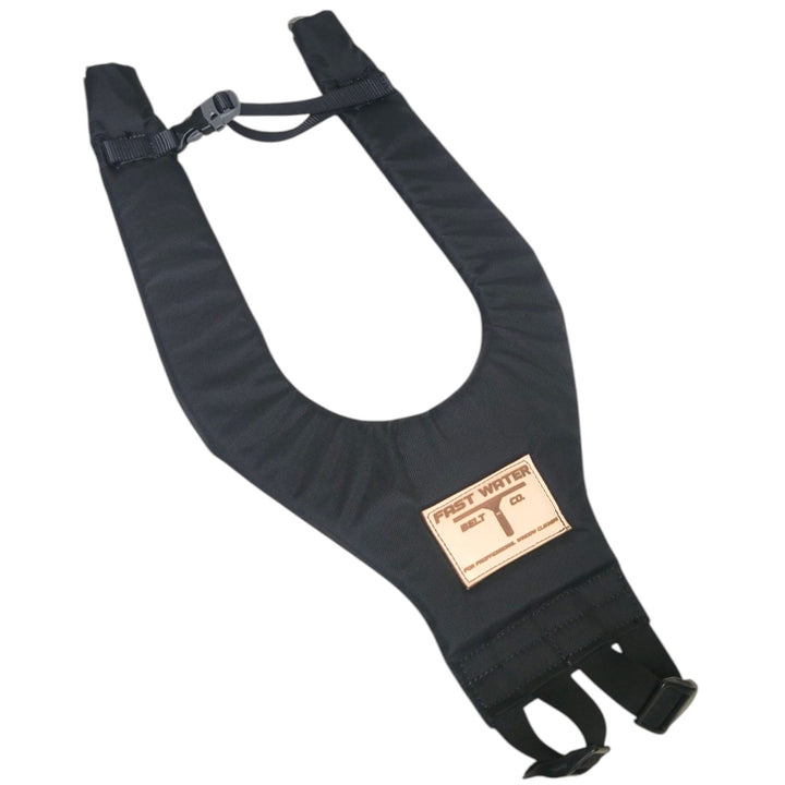 A black fabric suspender with adjustable straps and a tan leather brand patch reading 'Fast Water Belt Co'.