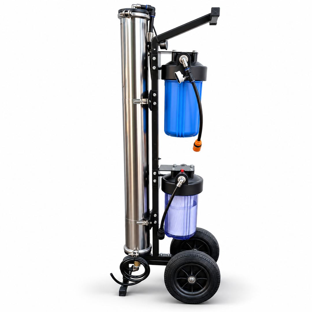 A portable water filter system on a wheeled cart, featuring a tall stainless steel canister, two blue translucent filter canisters with black lids, and black wheels, shown on a white background.