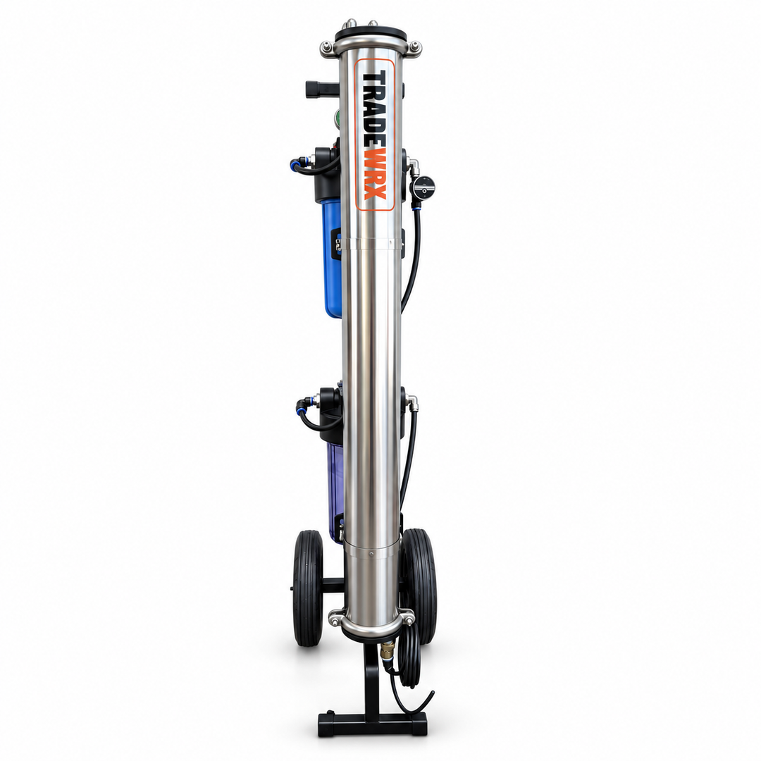 A tall industrial wheeled filter cart with a stainless steel central column, black wheels, and a black stand, shown on a plain white background. The column features a prominent vertical 'TRADE MARK' logo.