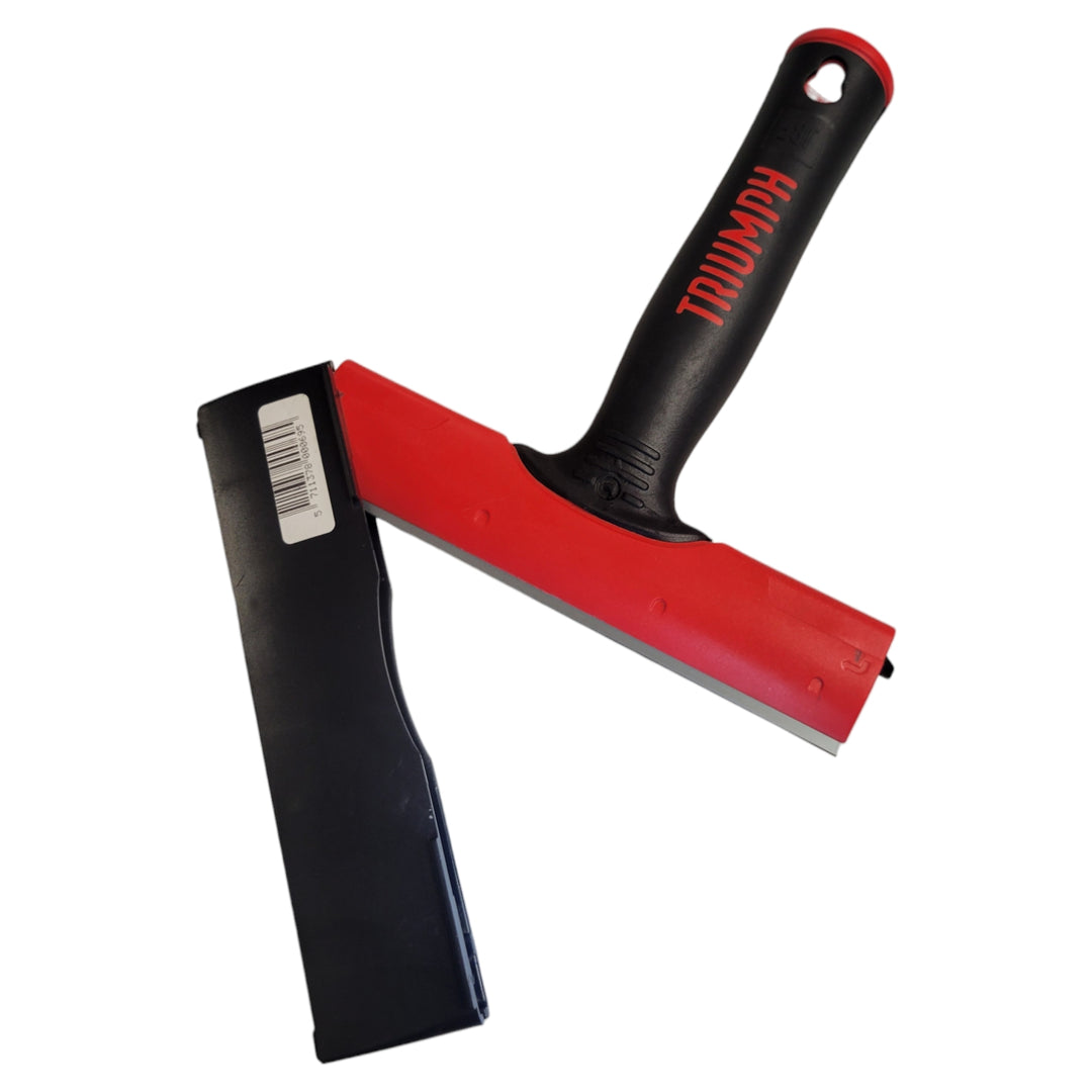 Angled view of a Triumph MK3 6in Scraper with an angled black blade and a red handle with a barcode on the blade.