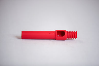 A close-up of a red plastic Acme thread adapter with a hexagonal base and spiral end designed to attach to a cleaning pole.