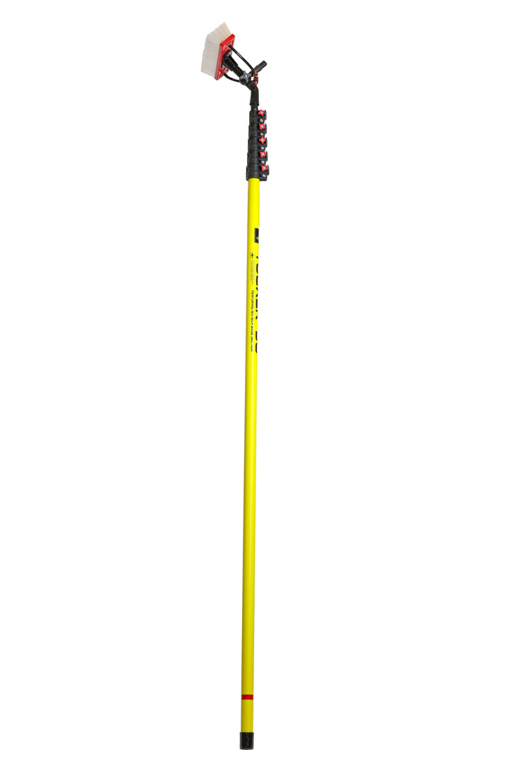A full-length view of a yellow water fed pole with a red and white brush head attached at the top, extending vertically against a white background.