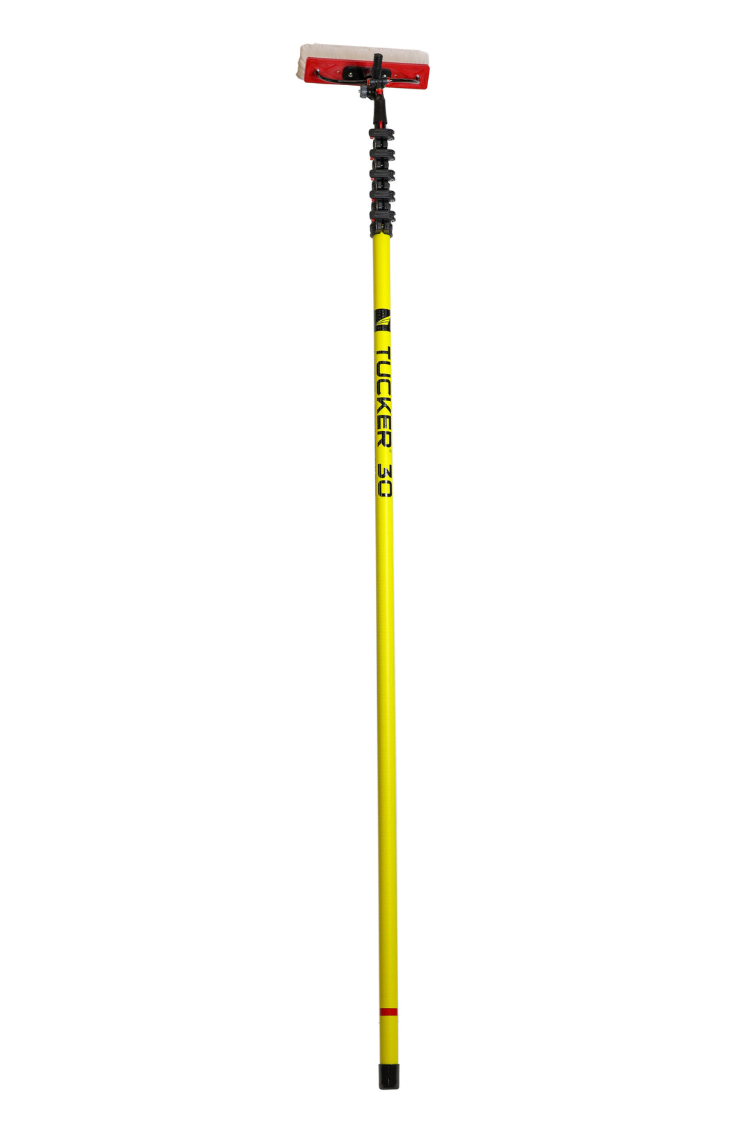 A complete water fed cleaning pole with the brand 'TUCKER 30' printed on the yellow shaft, featuring a red and white brush head attached to a black gooseneck.