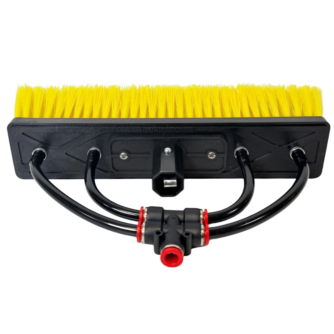 Rear view of the Tucker Glide Hybrid water-fed brush showing four water lines, red push-fit connectors, and pole socket.