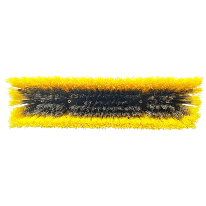 Bristle-side view of the Tucker Glide Hybrid water-fed brush with yellow outer bristles surrounding black inner bristles.