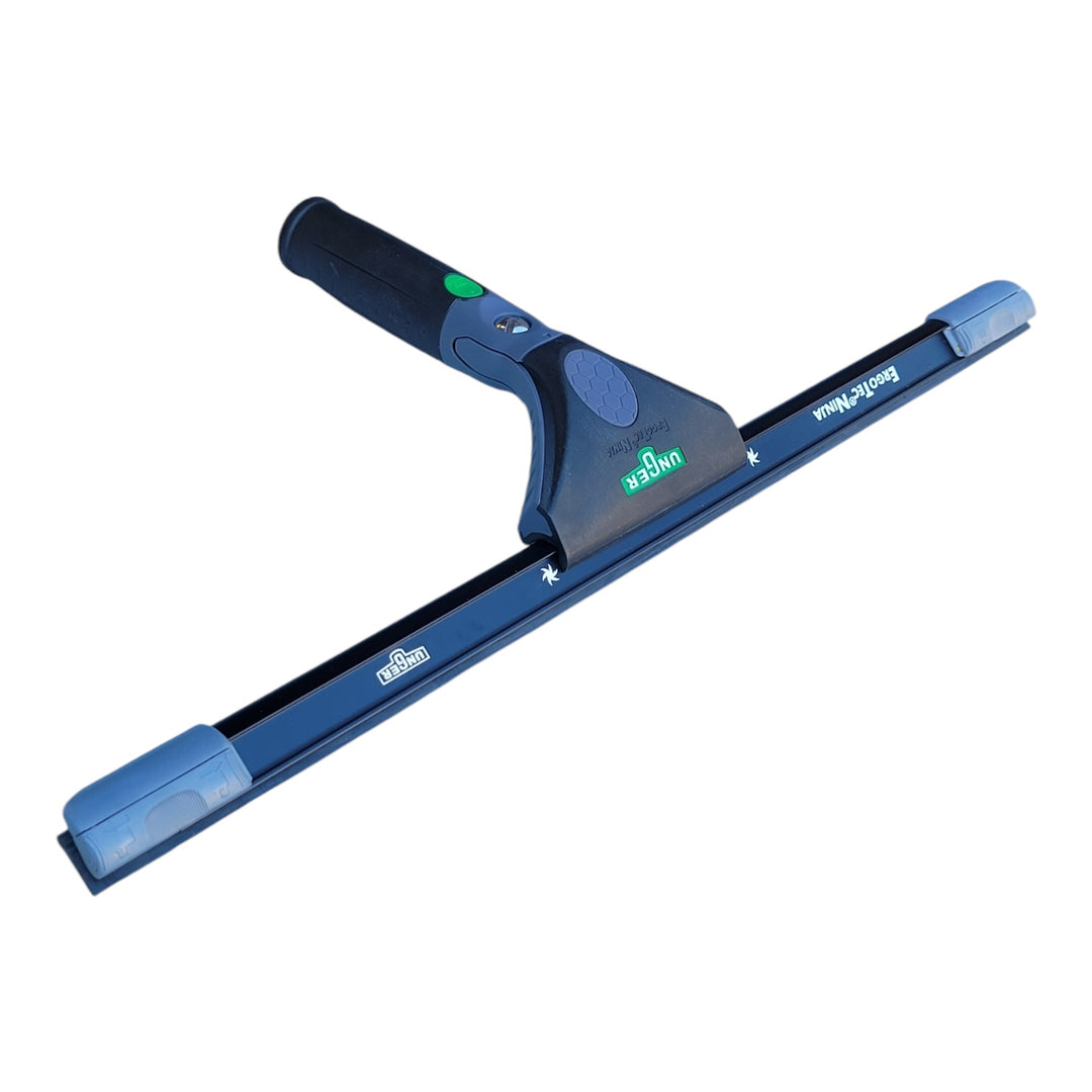 Unger Complete ErgoTec Ninja 40° Squeegee shown at an angle, featuring its ergonomic handle, widebody aluminum channel, and blue Ninja Smart Clips on both ends. The handle has a green quick-release button for easy rubber changes.