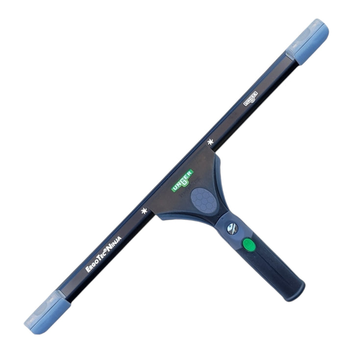 Front view of the Unger Complete ErgoTec Ninja 40° Squeegee, highlighting the black aluminum squeegee channel, ergonomic black and blue handle, and the blue Ninja Smart Clips. The quick-release mechanism for channel changes is visible on the underside of the handle.