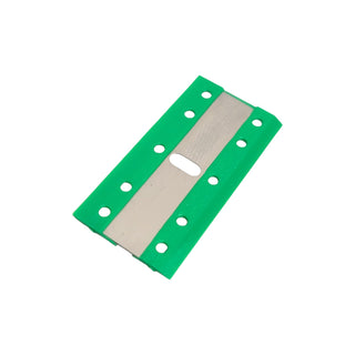 Green plastic scrubber with metal blade on a white background