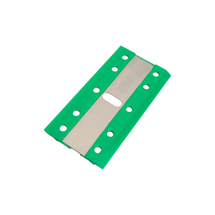 Green plastic scrubber with metal blade on a white background