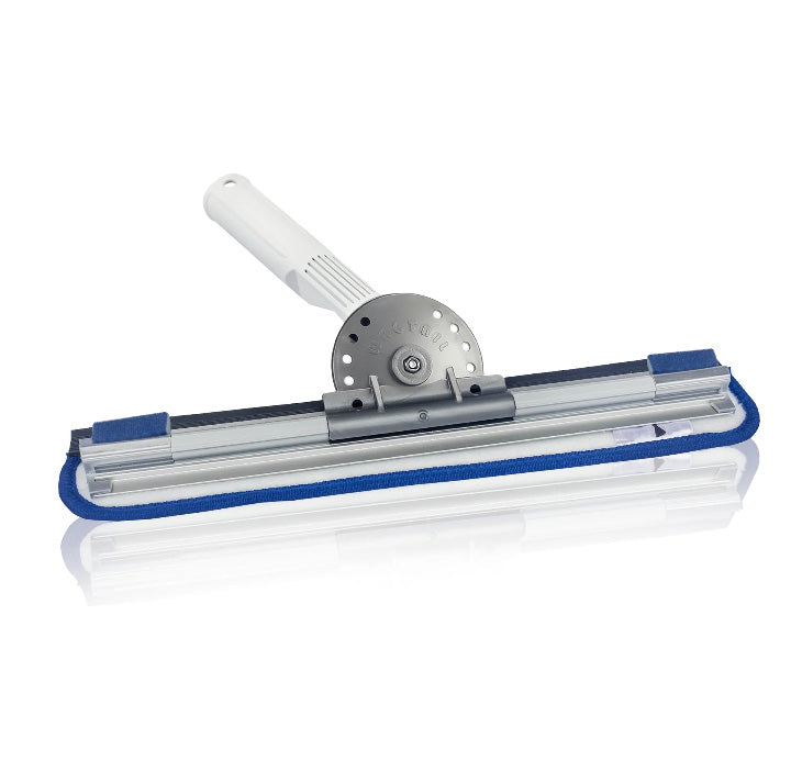 A full view of the window cleaning squeegee, showcasing its long handle, pivoting head, and blue microfiber pad attached to the silver aluminum channel. The background is plain white, highlighting the product.