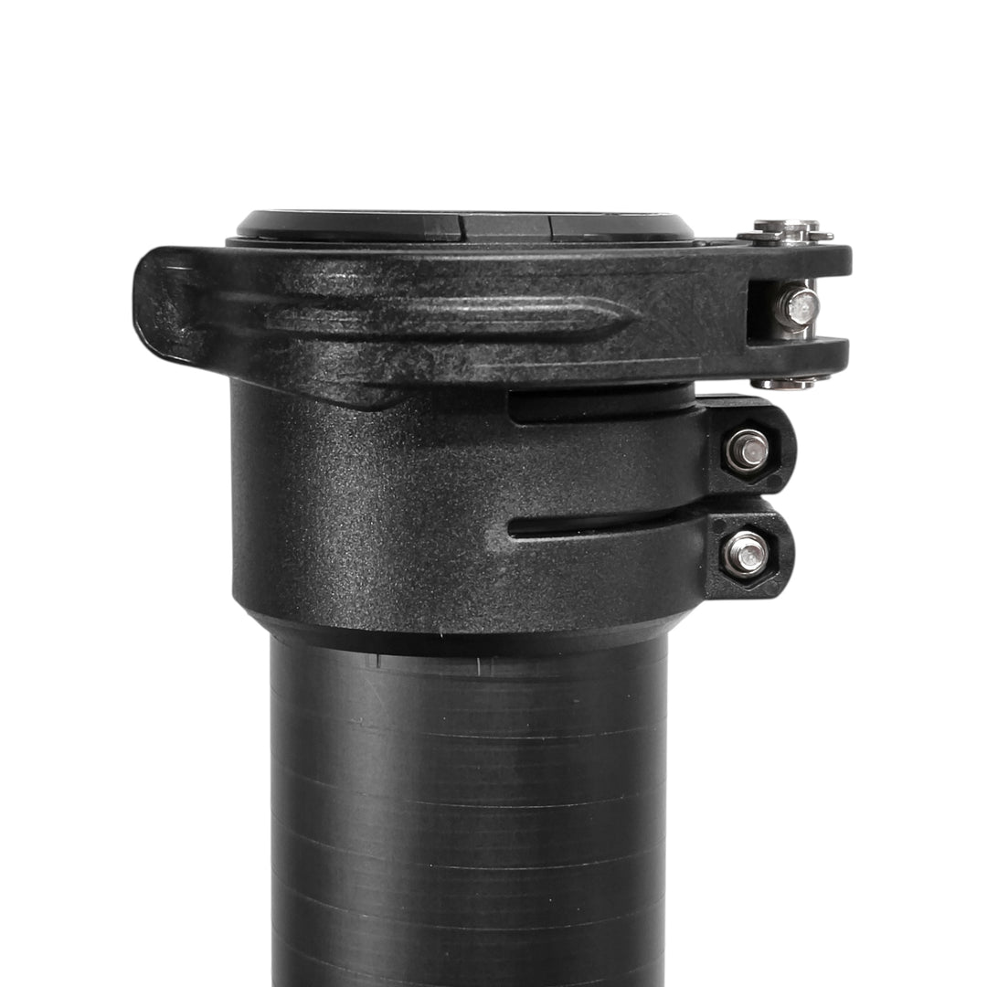 Close-up of a black plastic clamp attached to carbon fiber tube, shown on a plain white background.