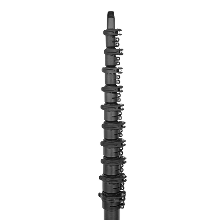 A tall, narrow black telescopic pole or shaft with multiple circular joint sections and small looped hardware, shown upright on a plain white background.
