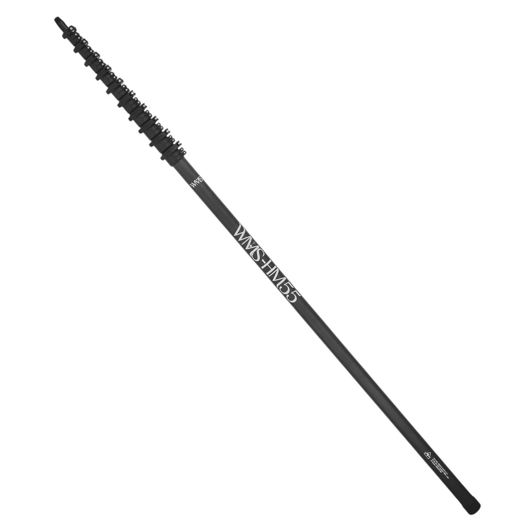 A black telescopic fishing rod with white printed branding, shown diagonally on a solid white background.