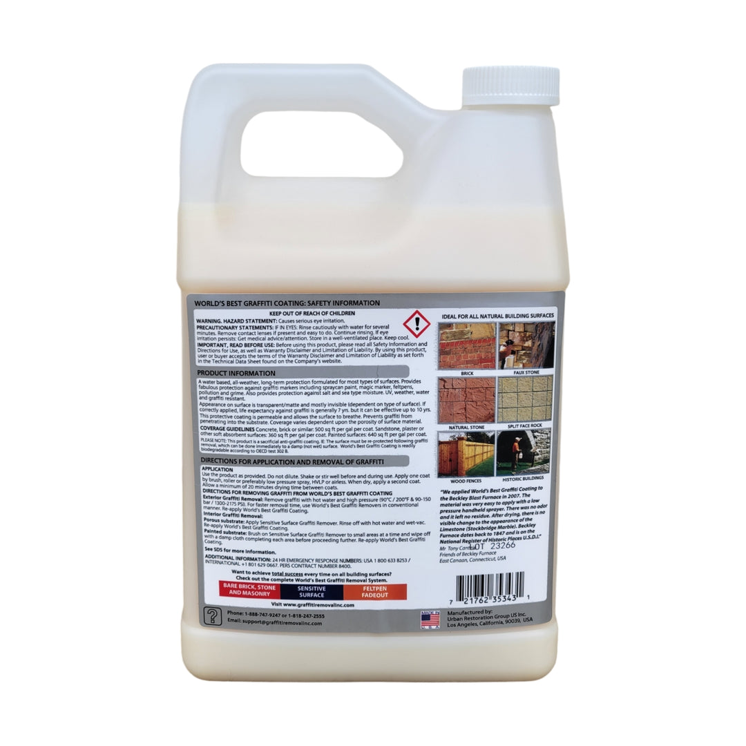 The back label of World’s Best Graffiti Coating detailing product information, coverage guidelines, application instructions, and safety precautions for optimal use on natural building surfaces like brick, stone, and wood.