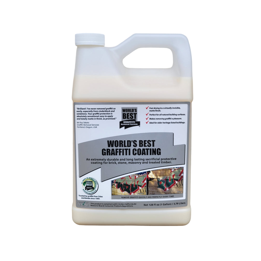 A one-gallon jug of World’s Best Graffiti Coating, an extremely durable, long-lasting, sacrificial protective coating for brick, stone, masonry, and treated timber surfaces. Ideal for heritage buildings and surfaces prone to graffiti.