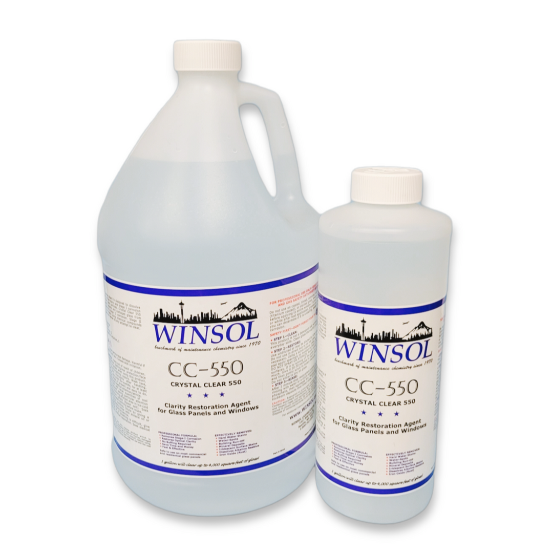 A quart and a gallon of Winsol Crystal Clear 550 hard water stain remover