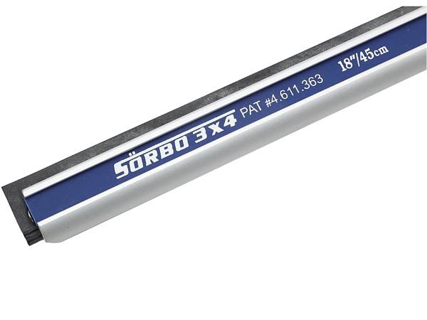 Close-up of an 18-inch QUICKSILVER 3X4 Adjustable Wide-Body Squeegee channel. The silver channel with a black rubber edge shows a clear view of the Sörbo logo, patent number, and the size marking in inches and centimeters against the blue detail.