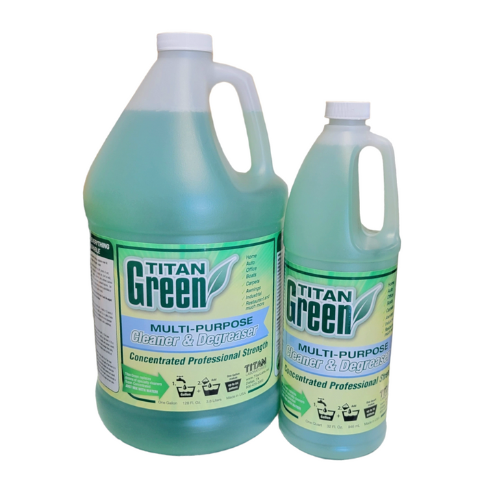 A gallon and a quart of Titan Green Multi-purpose cleaner and degreaser.