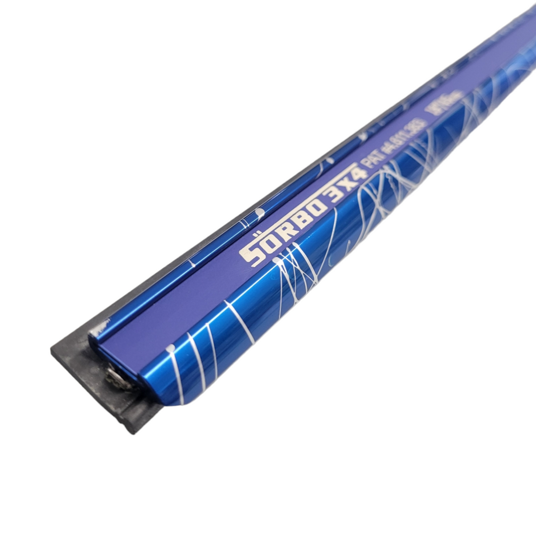 Angled view of the Blue Lightning Special Edition Squeegee Channel against a white background, highlighting the channel's deep blue finish and intricate white lightning bolt design. The Sörbo logo and product name are prominently displayed in white along the side, with a black rubber blade securely fitted at the base. The channel's edge is clearly visible, showcasing its ready-to-use condition.