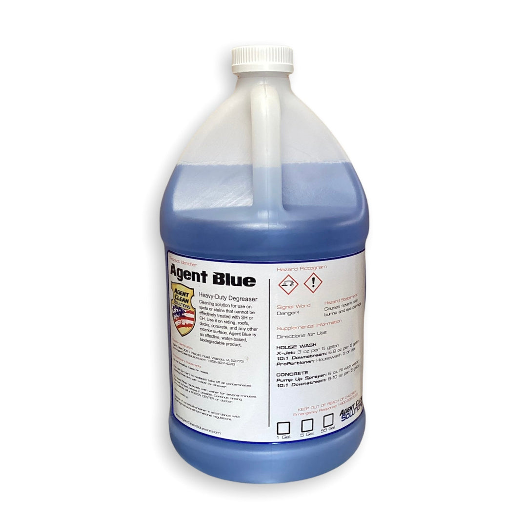 A blue gallon of Agent Blue which is a Heavy-Duty degreaser and biodegradable product.
